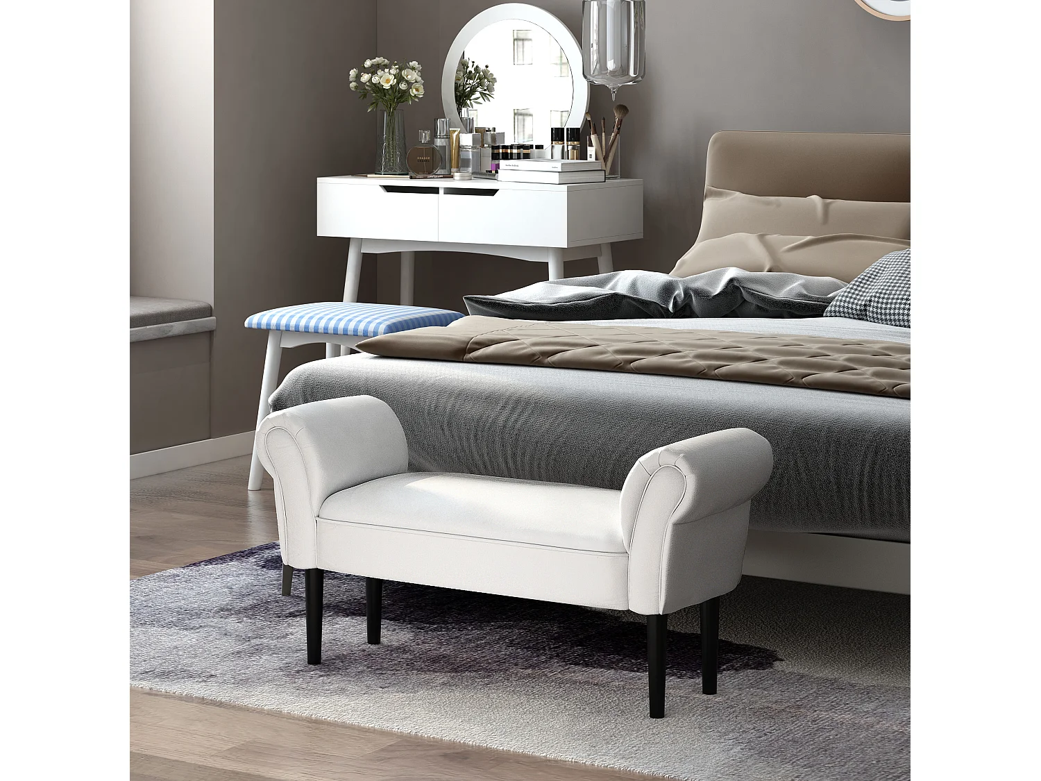 Panca fondo letto imbottita con braccioli arrotolati bianco