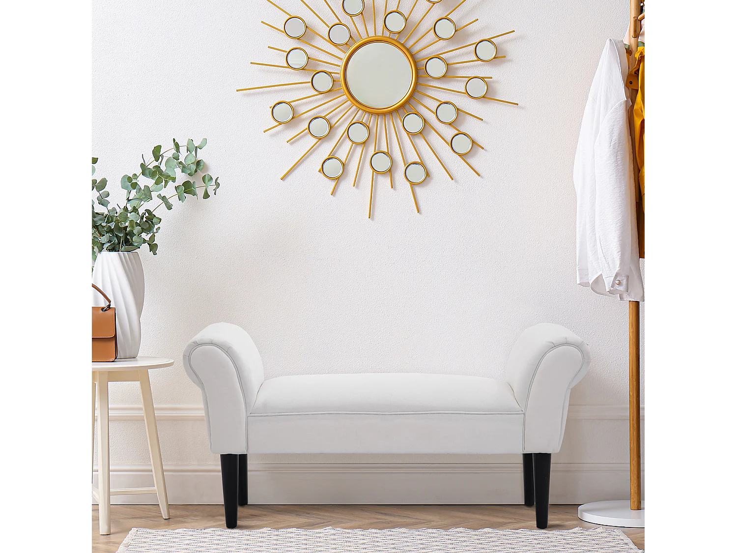 Panca fondo letto imbottita con braccioli arrotolati bianco