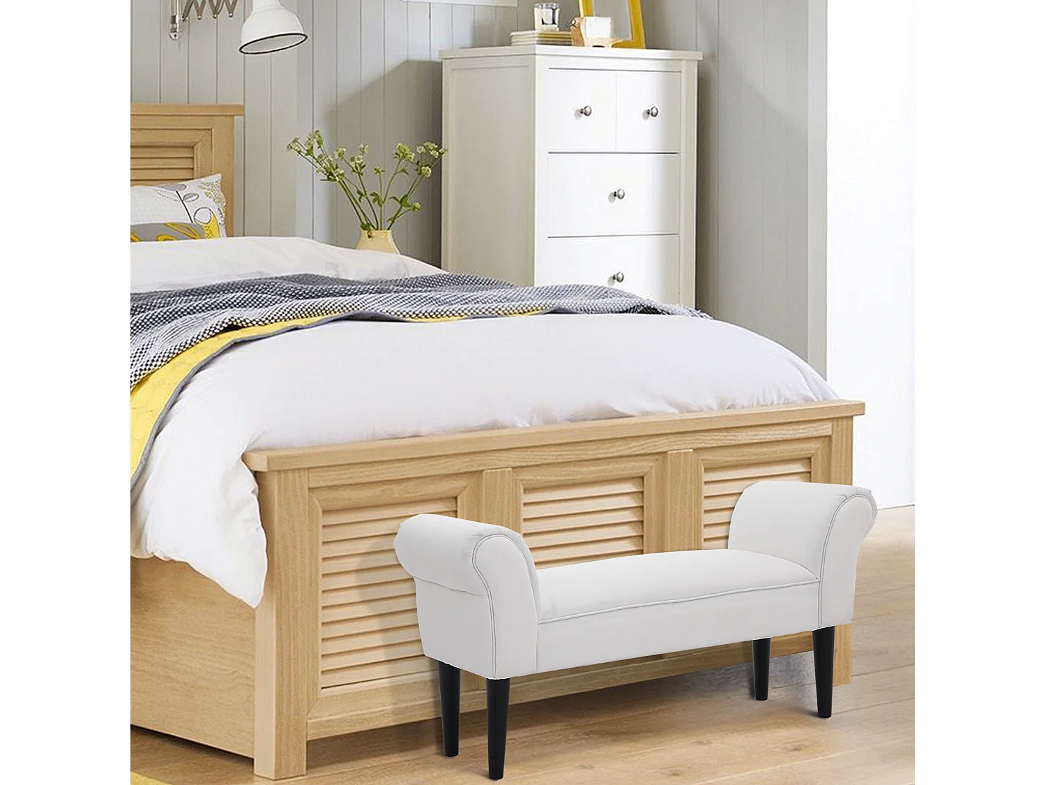 Panca fondo letto imbottita con braccioli arrotolati bianco