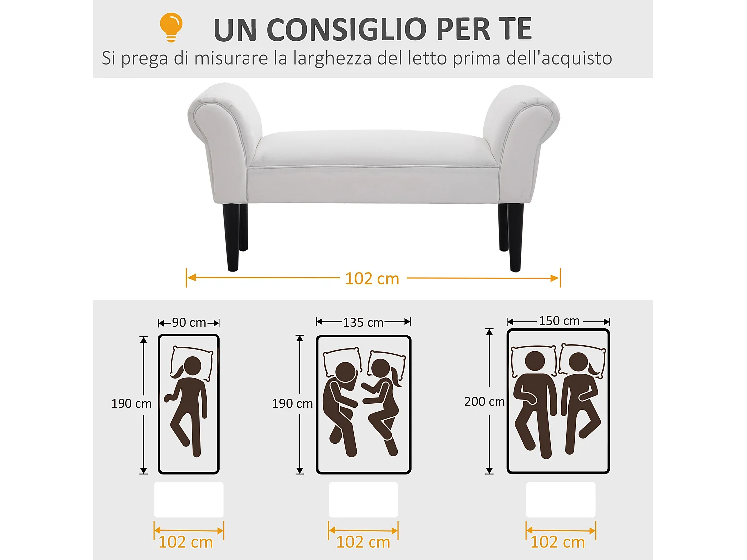 Panca fondo letto imbottita con braccioli arrotolati bianco