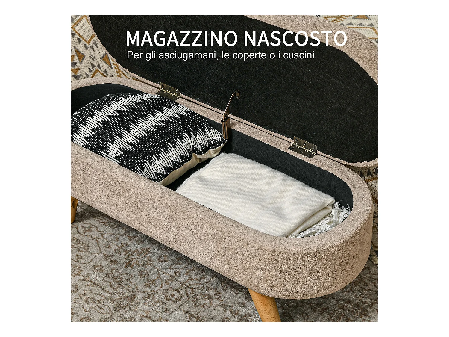 Panca fondo letto imbottita con spazio portaoggetti 110x40x43 cm beige