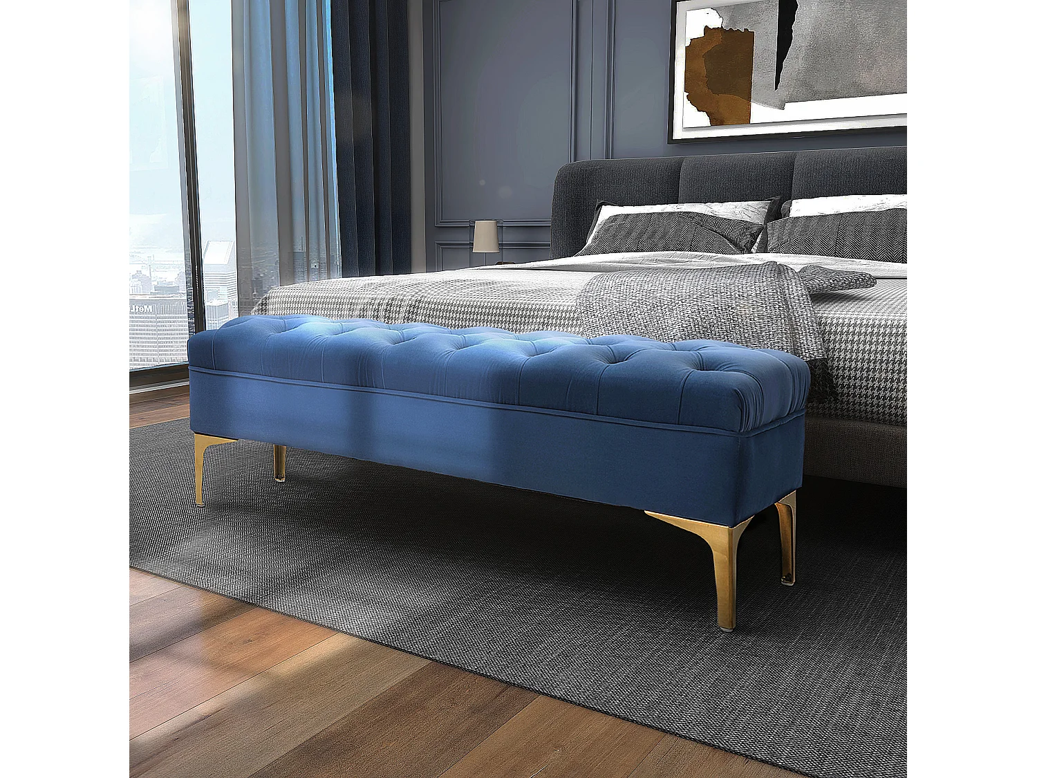 Panca imbottita fondoletto in tessuto vellutato blu