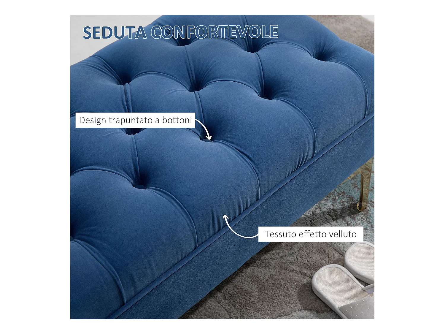 Panca imbottita fondoletto in tessuto vellutato blu