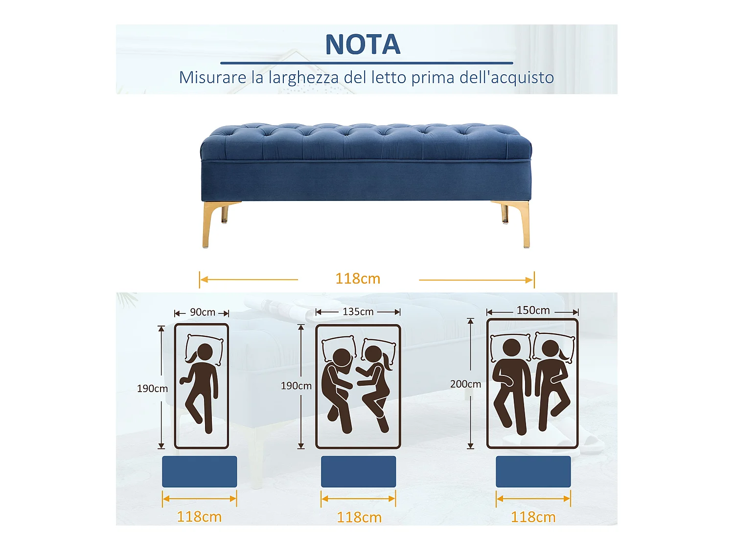 Panca imbottita fondoletto in tessuto vellutato blu