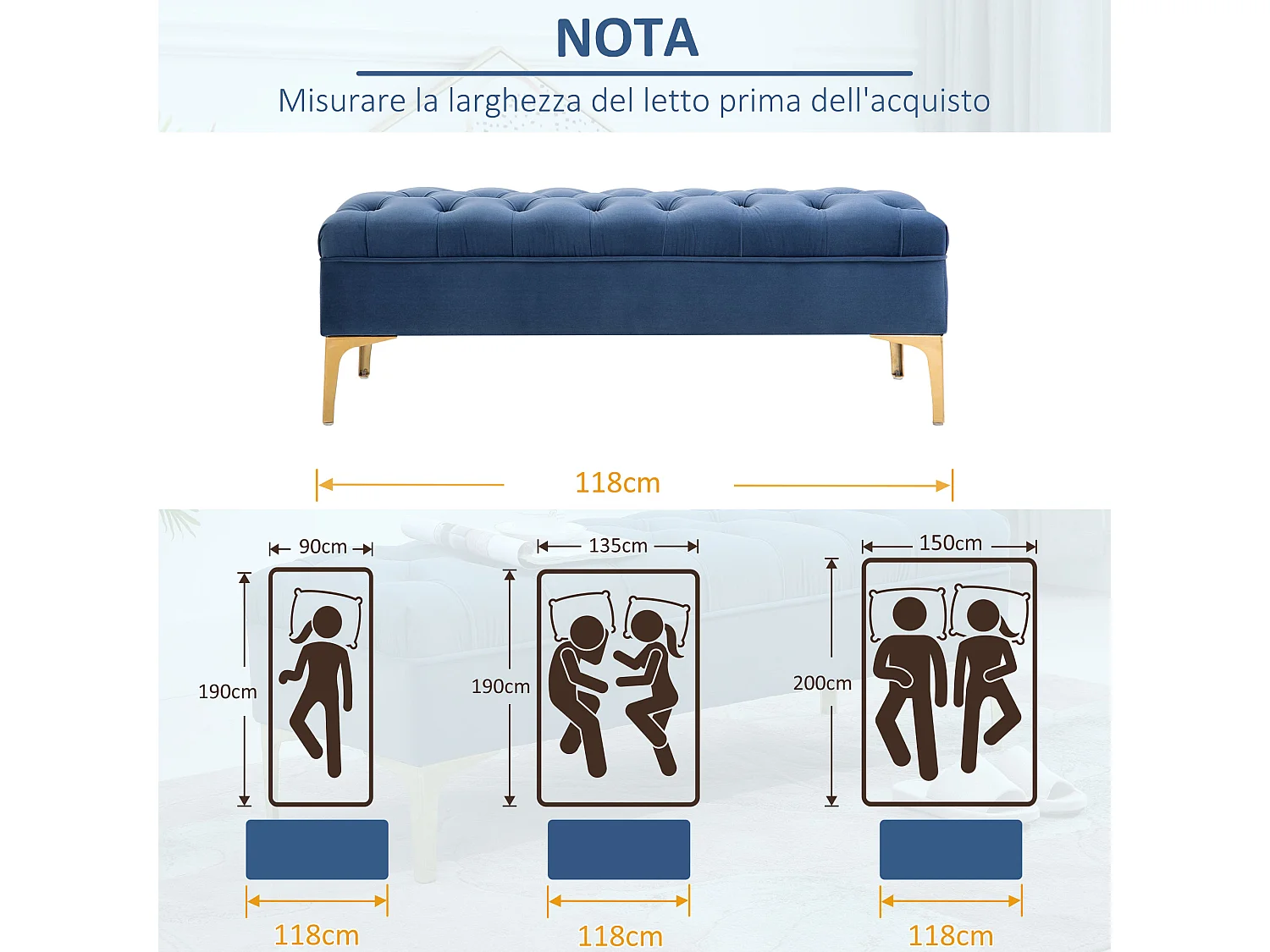 Panca imbottita fondoletto in tessuto vellutato blu