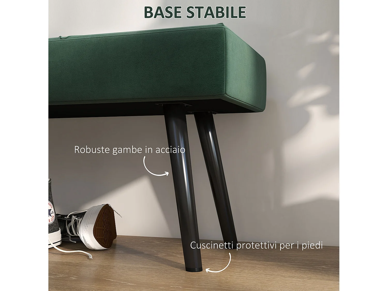 Panca imbottita fondoletto in velluto e acciaio 100x36x45cm verde nero