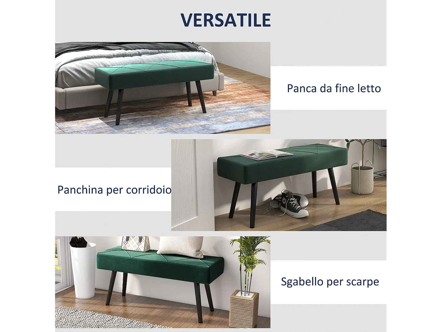 Panca imbottita fondoletto in velluto e acciaio 100x36x45cm verde nero