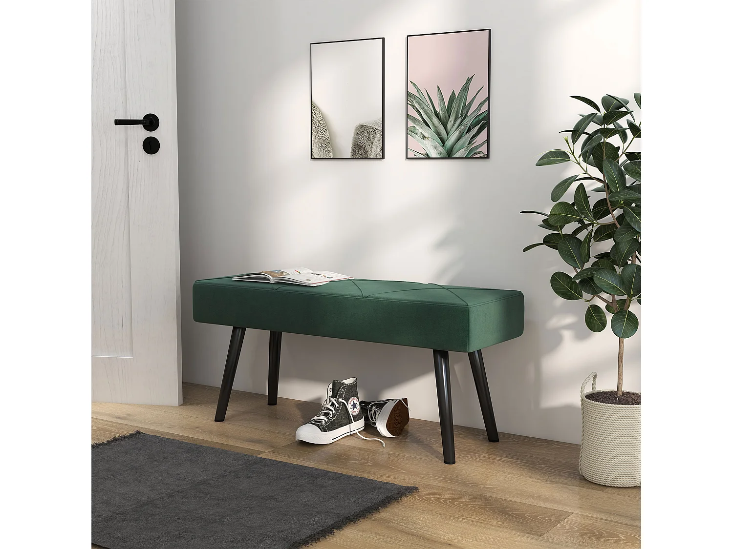 Panca imbottita fondoletto in velluto e acciaio 100x36x45cm verde nero