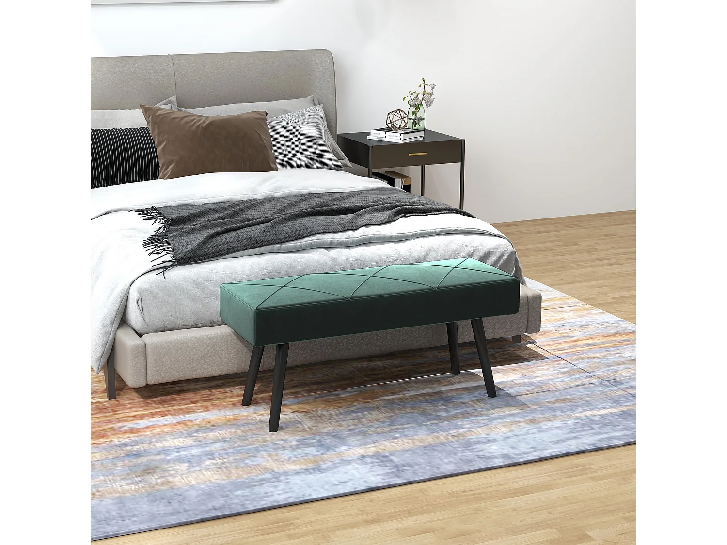 Panca imbottita fondoletto in velluto e acciaio 100x36x45cm verde nero