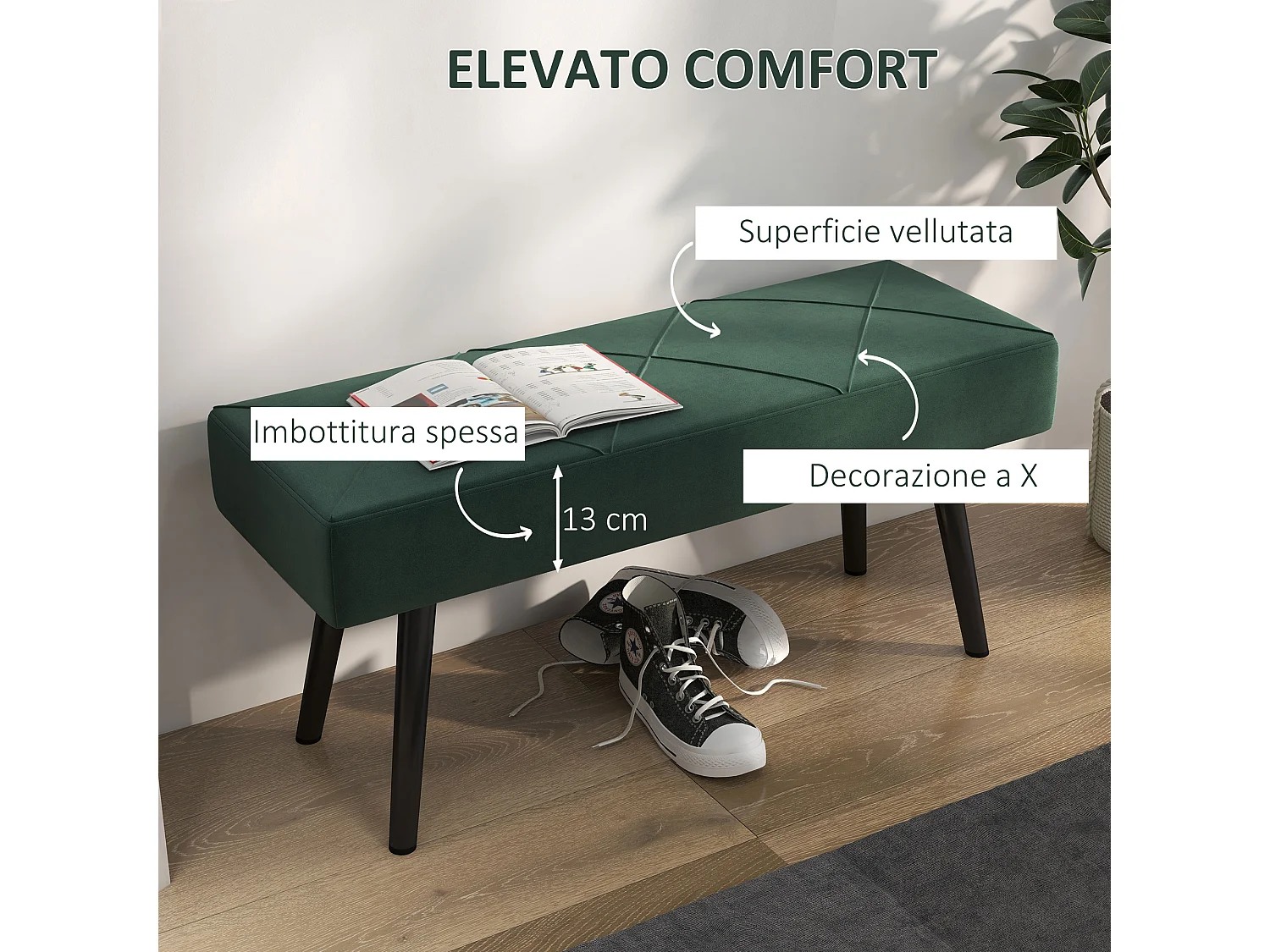 Panca imbottita fondoletto in velluto e acciaio 100x36x45cm verde nero