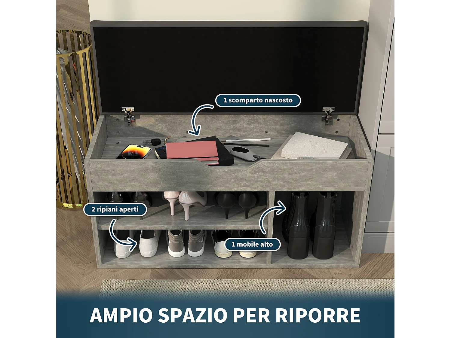 Scarpiera salvaspazio a 3 ripiani aperti in pelle pu nero e grigio