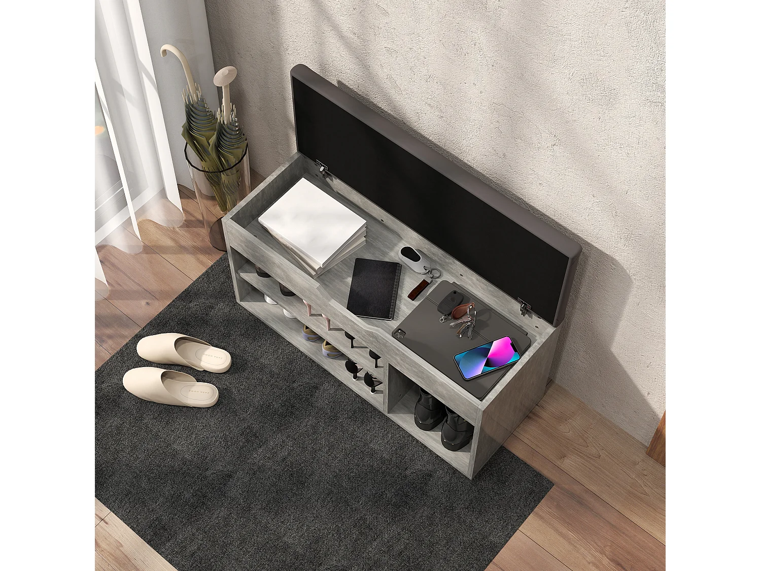 Scarpiera salvaspazio a 3 ripiani aperti in pelle pu nero e grigio