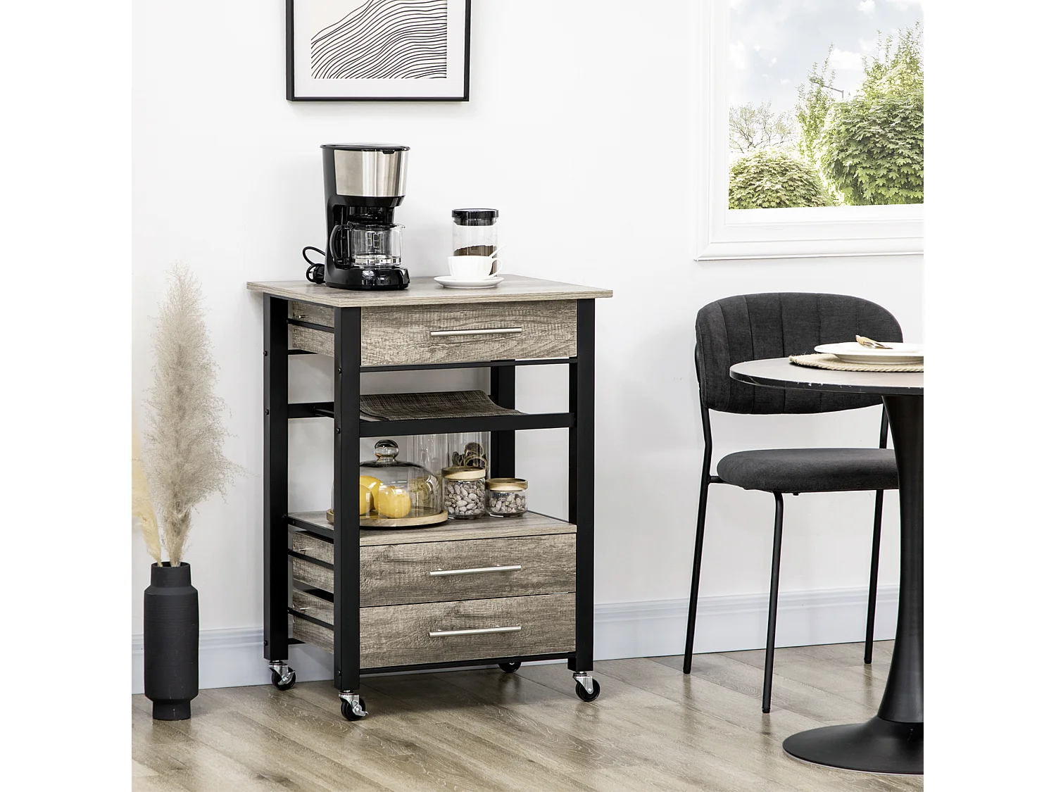 Carrello portavivande cucina 3 cassetti e mensola 60x50x84.5cm