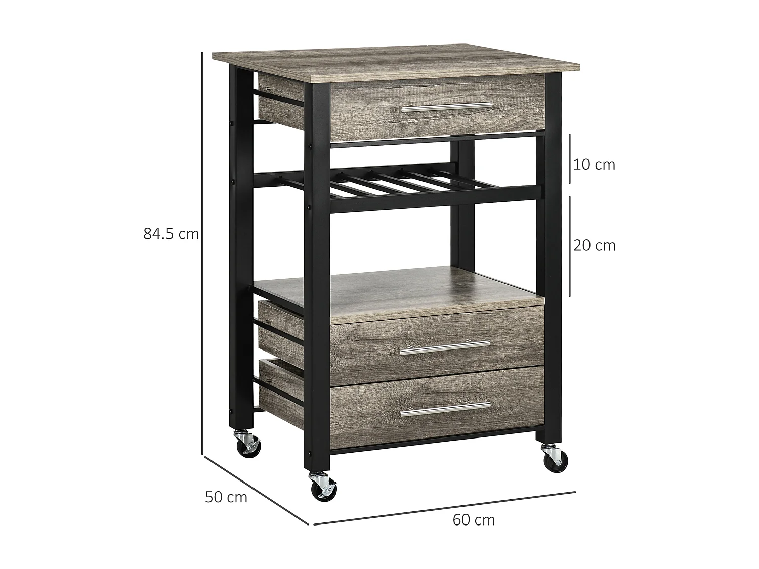Carrello portavivande cucina 3 cassetti e mensola 60x50x84.5cm