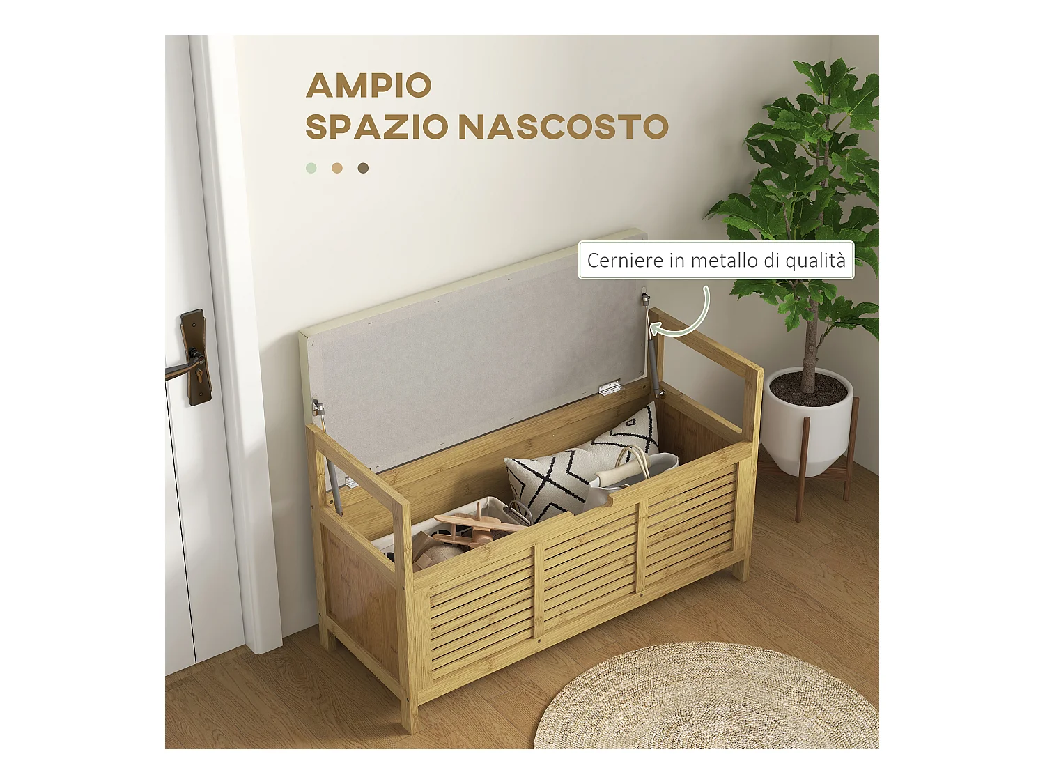 Panca scarpiera da ingresso a ribalta e a doghe in legno di bambù