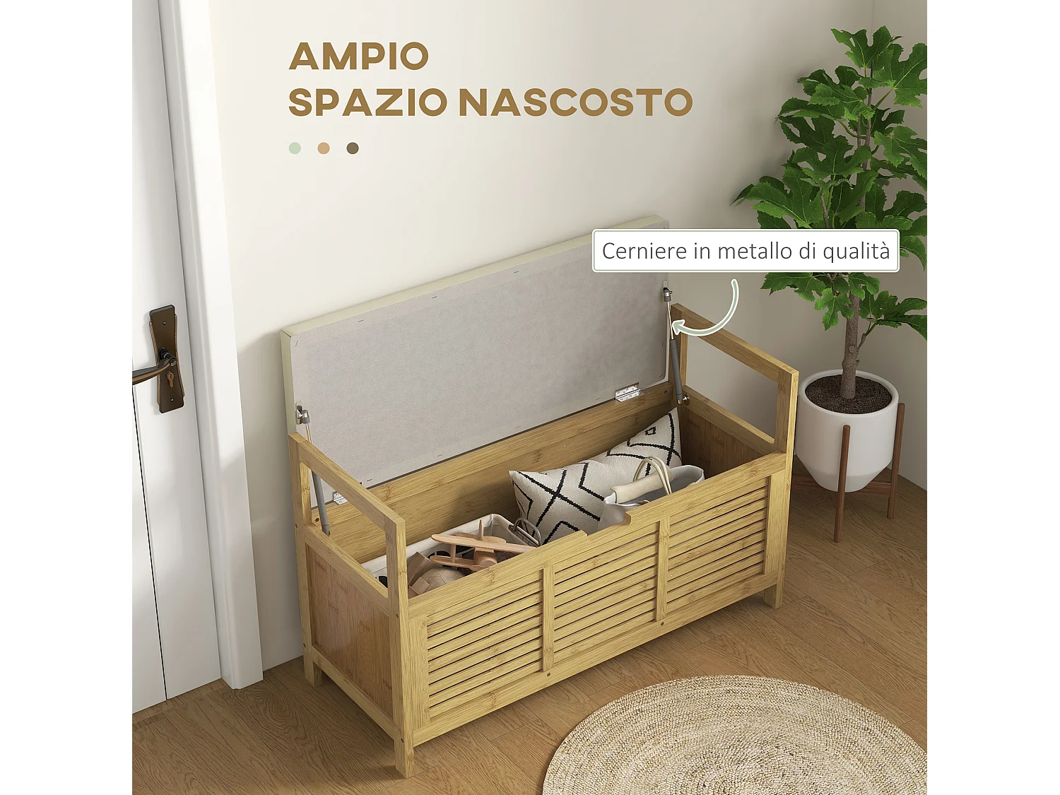 Panca scarpiera da ingresso a ribalta e a doghe in legno di bambù