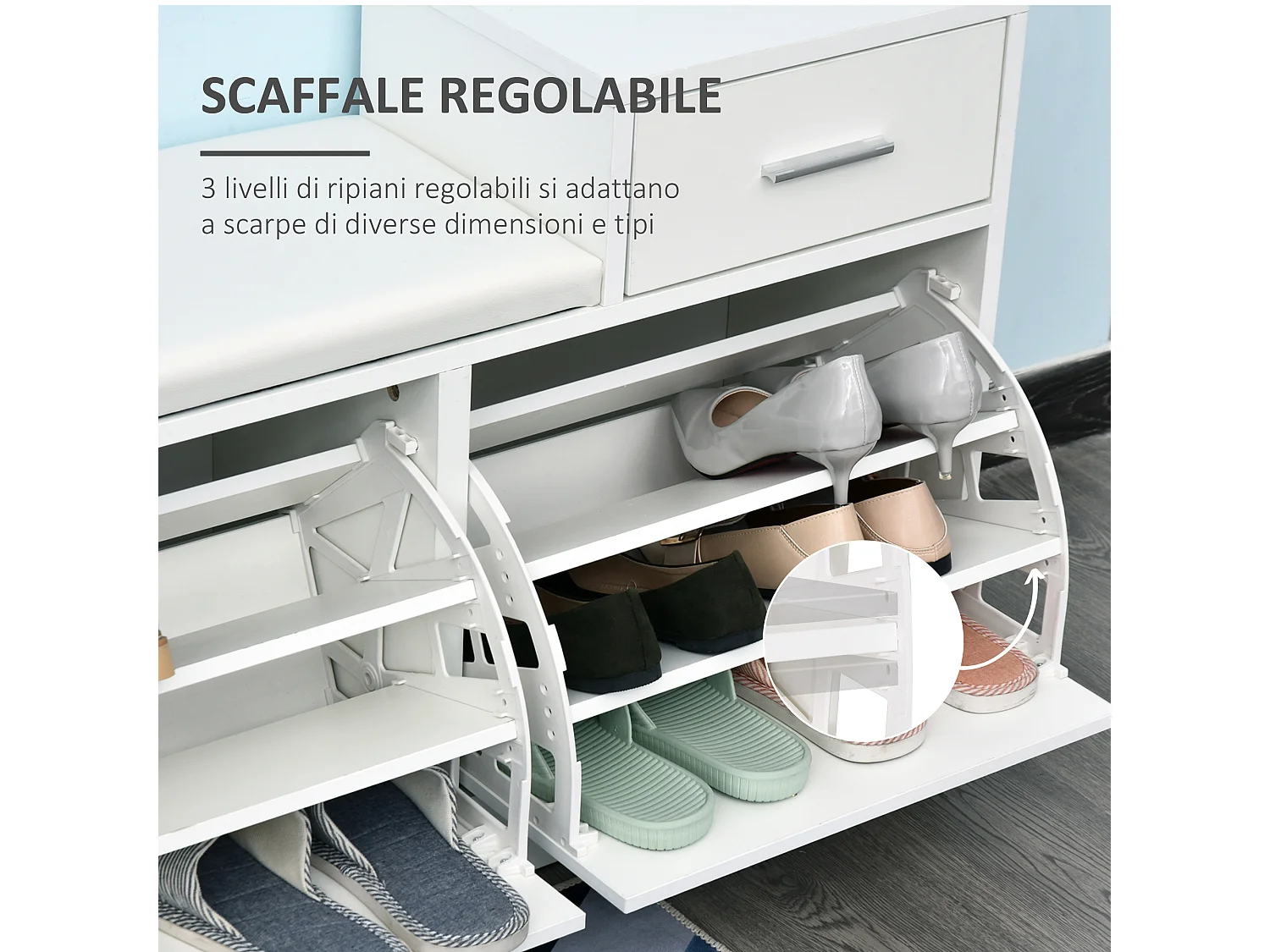 Scarpiera moderna da ingresso con panca imbottita in legno bianco