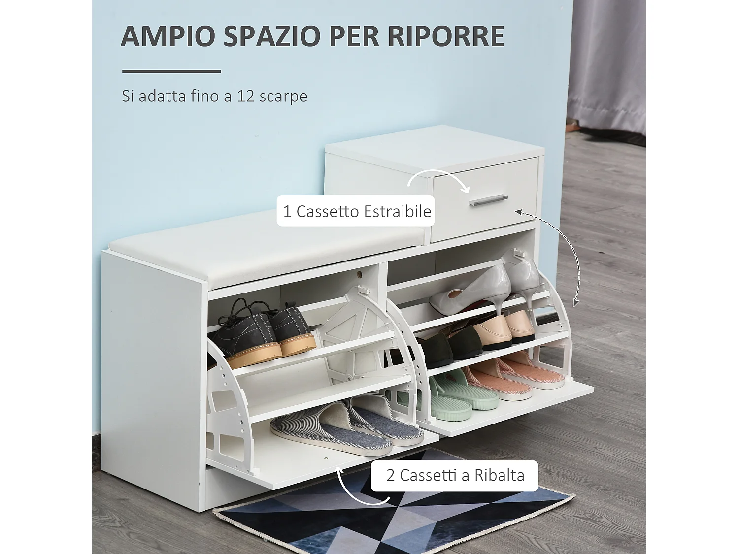 Scarpiera moderna da ingresso con panca imbottita in legno bianco