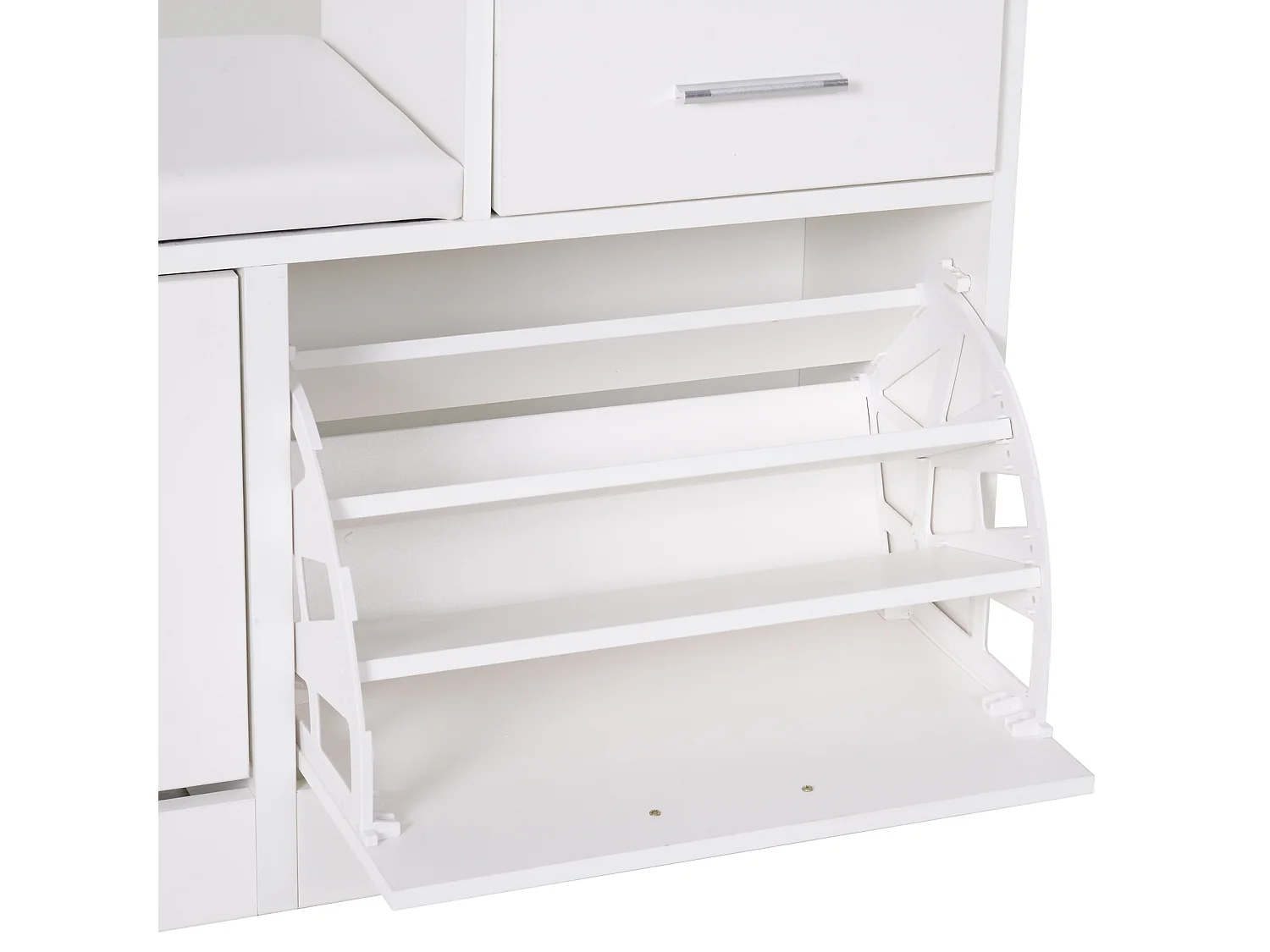 Scarpiera moderna da ingresso con panca imbottita in legno bianco