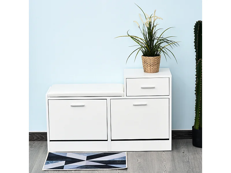 Scarpiera moderna da ingresso con panca imbottita in legno bianco