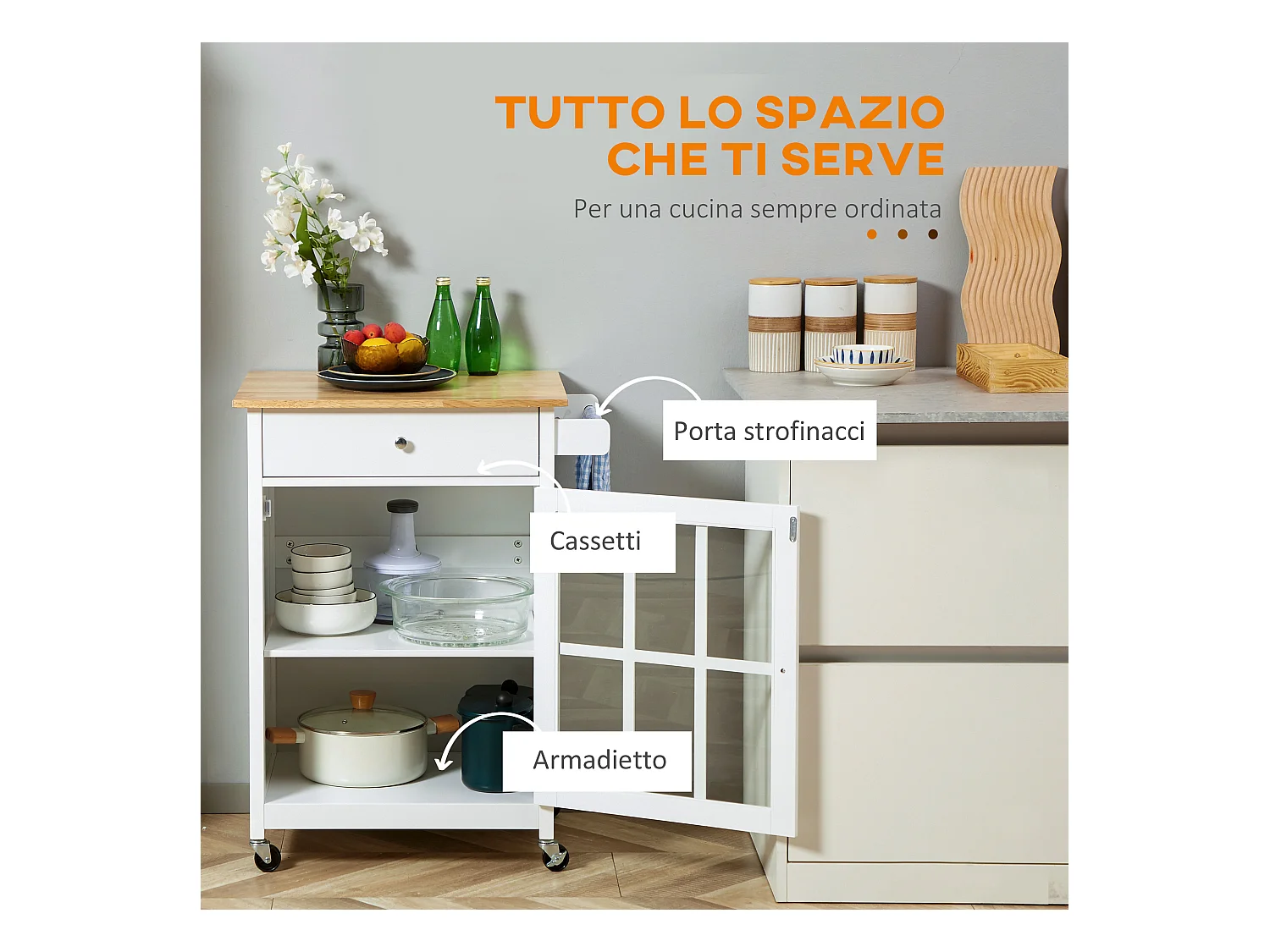 Carrello da cucina multiuso in legno bianco 67x48x86.5cm