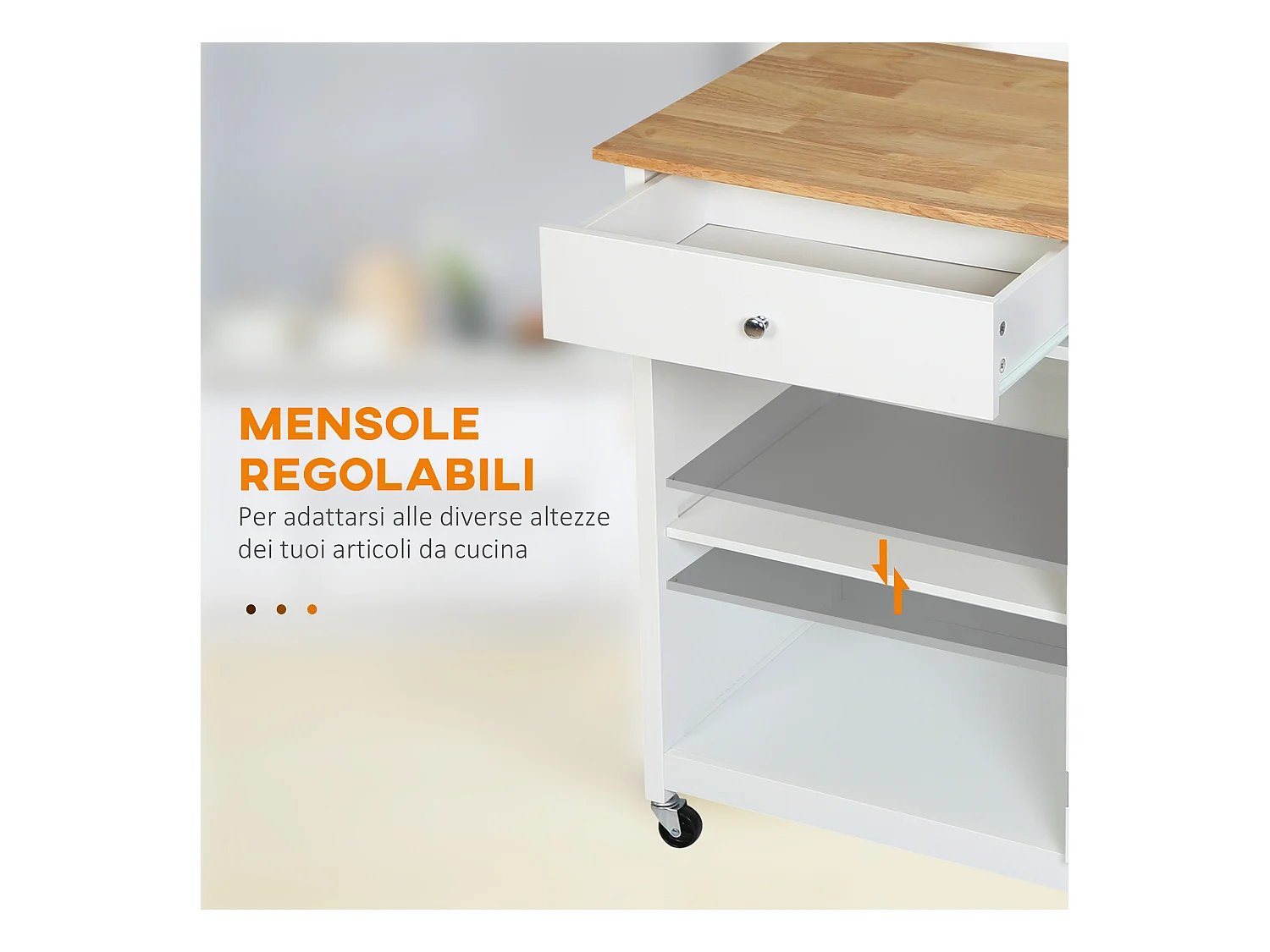 Carrello da cucina multiuso in legno bianco 67x48x86.5cm
