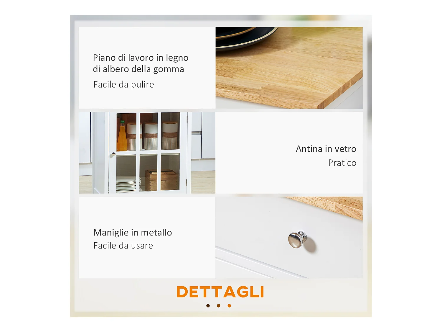 Carrello da cucina multiuso in legno bianco 67x48x86.5cm