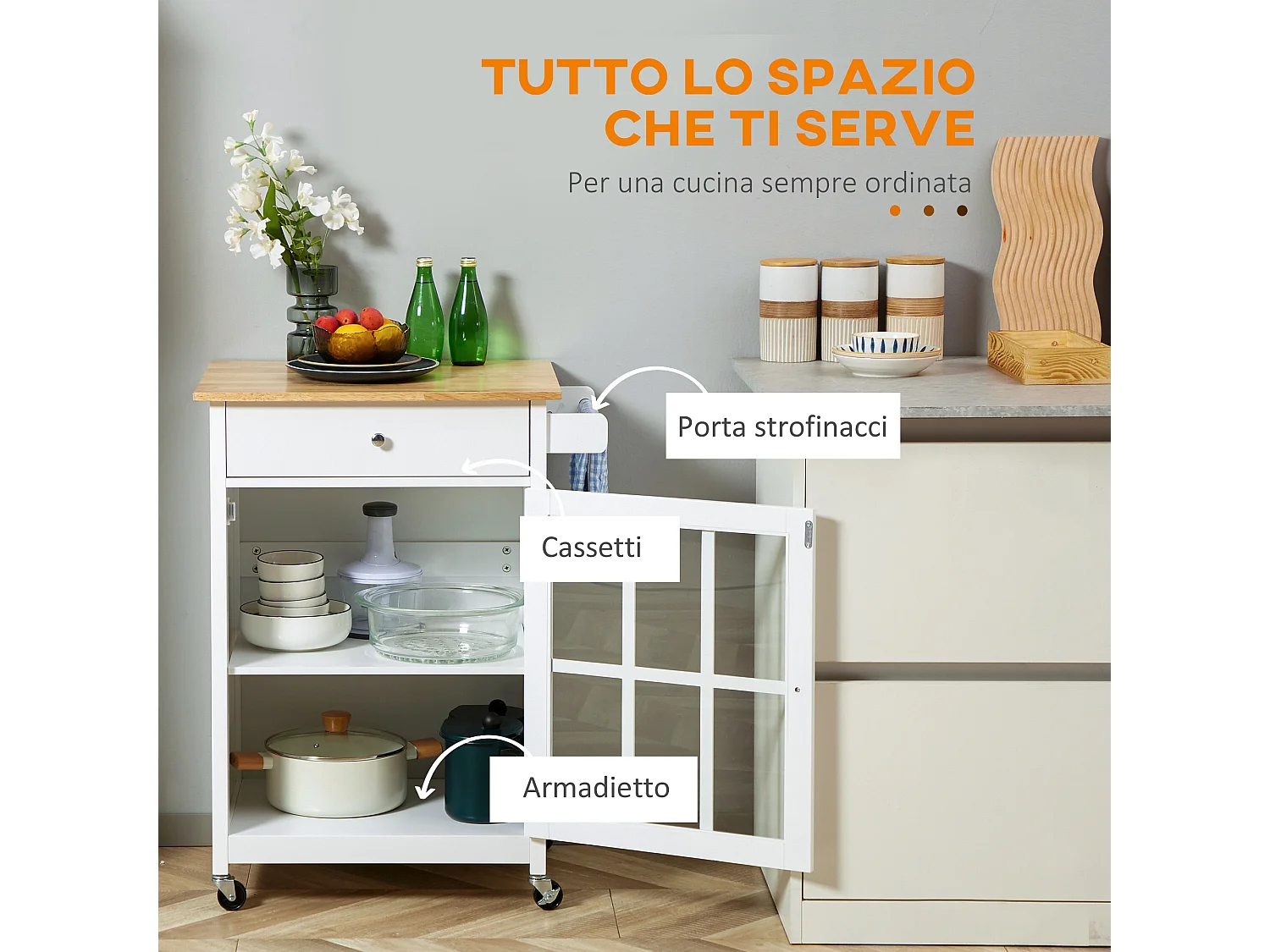 Carrello da cucina multiuso in legno bianco 67x48x86.5cm