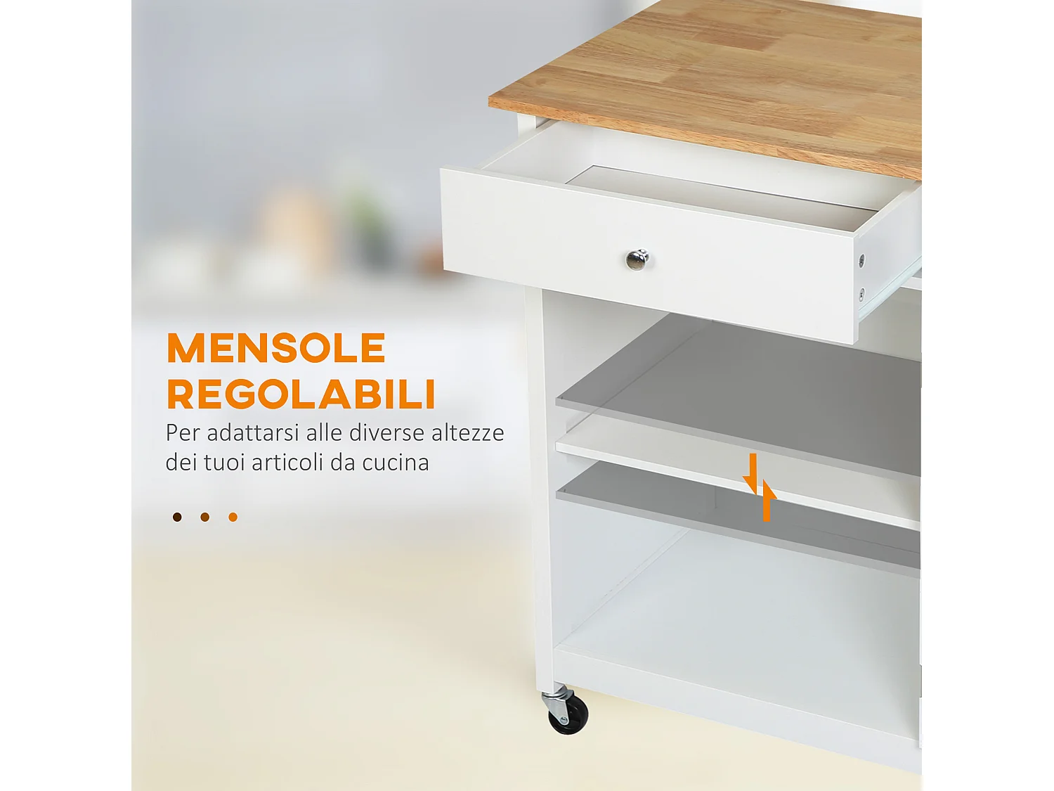 Carrello da cucina multiuso in legno bianco 67x48x86.5cm