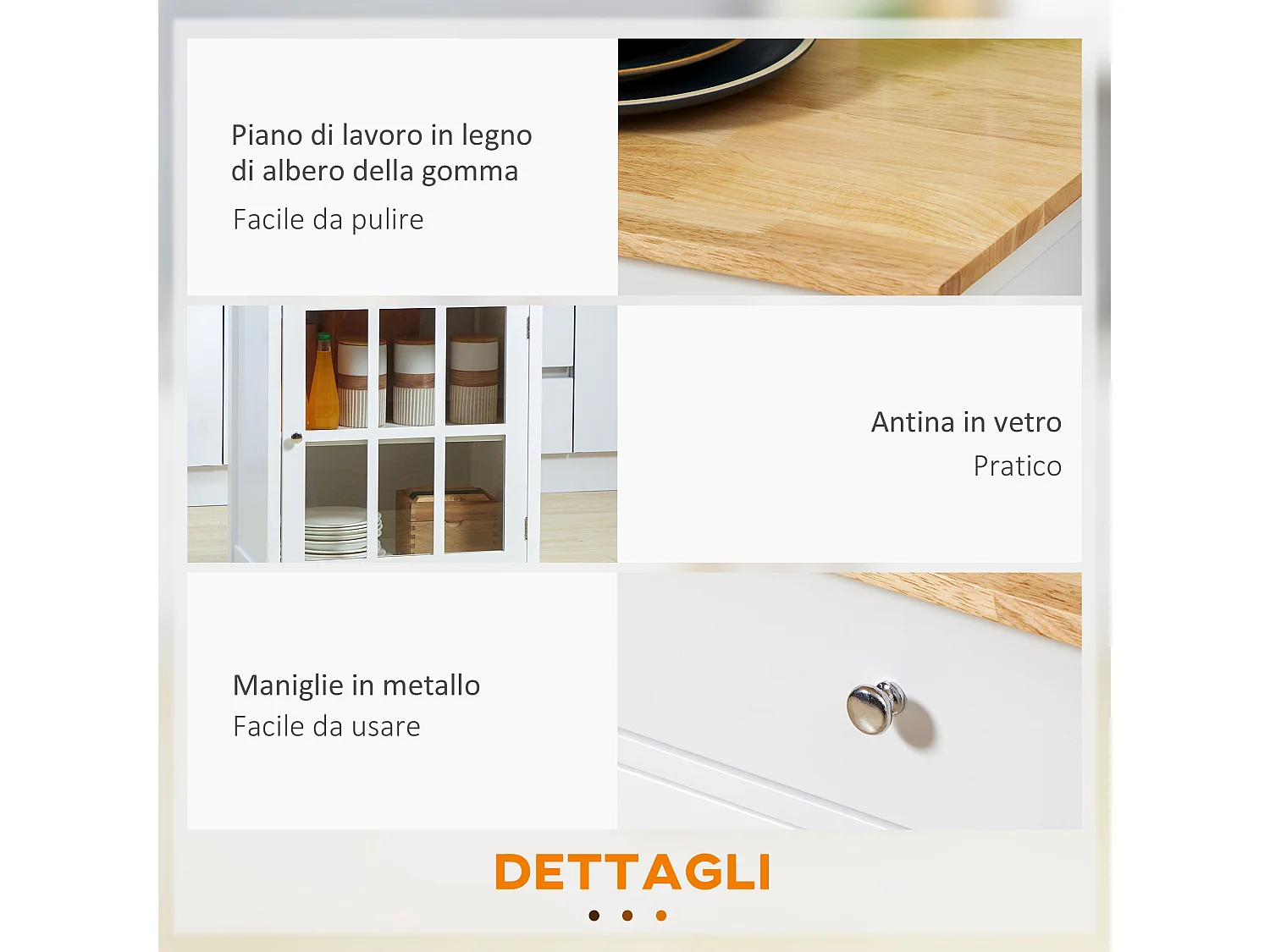 Carrello da cucina multiuso in legno bianco 67x48x86.5cm