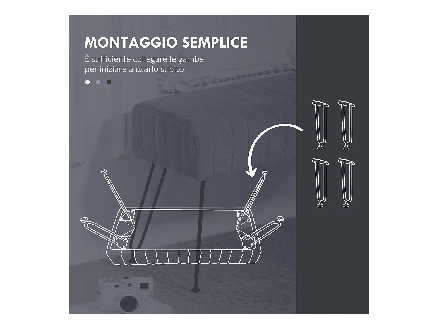 Panca fondo letto imbottita in peluche legno e metallo grigia nera