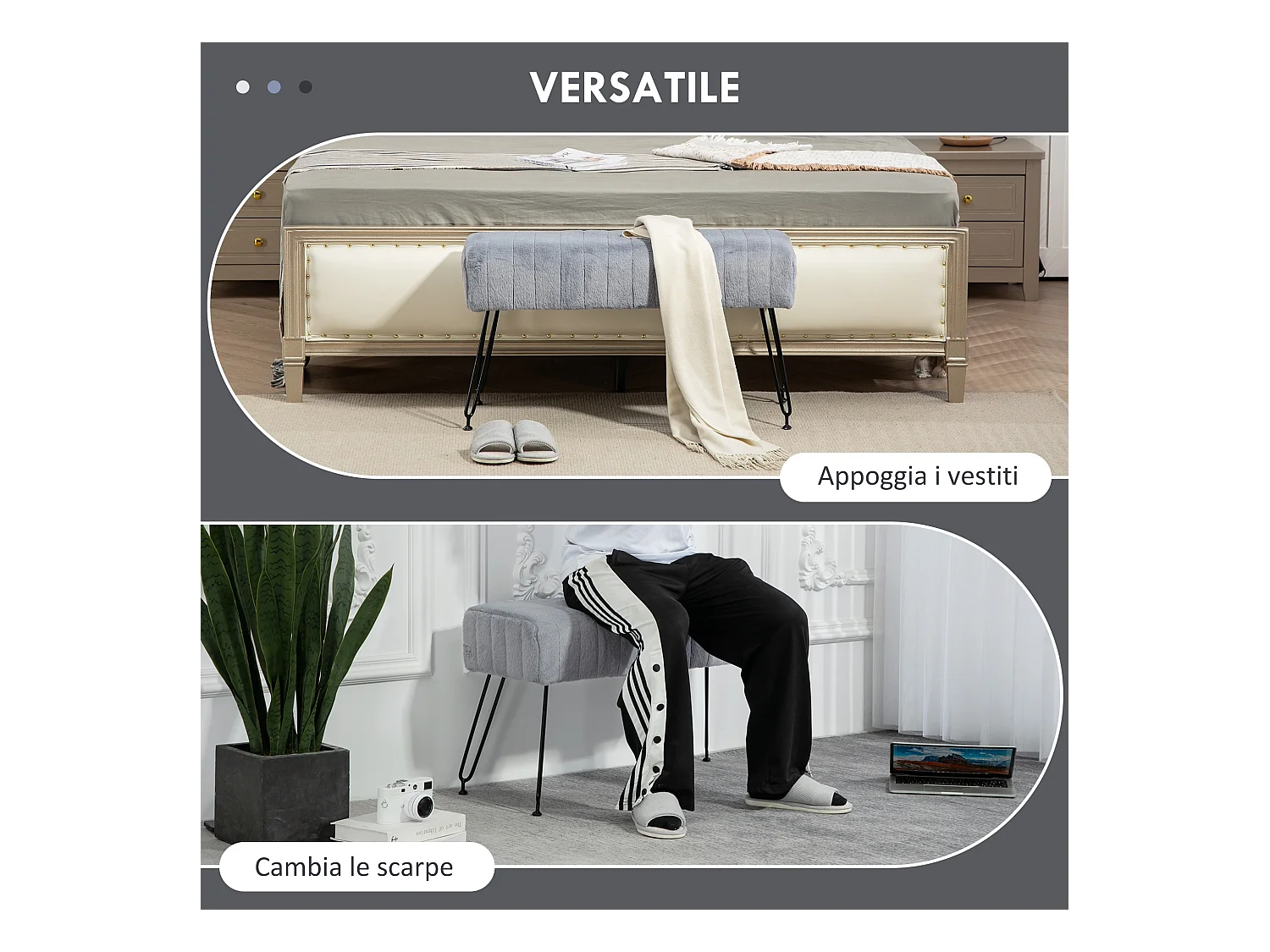 Panca fondo letto imbottita in peluche legno e metallo grigia nera