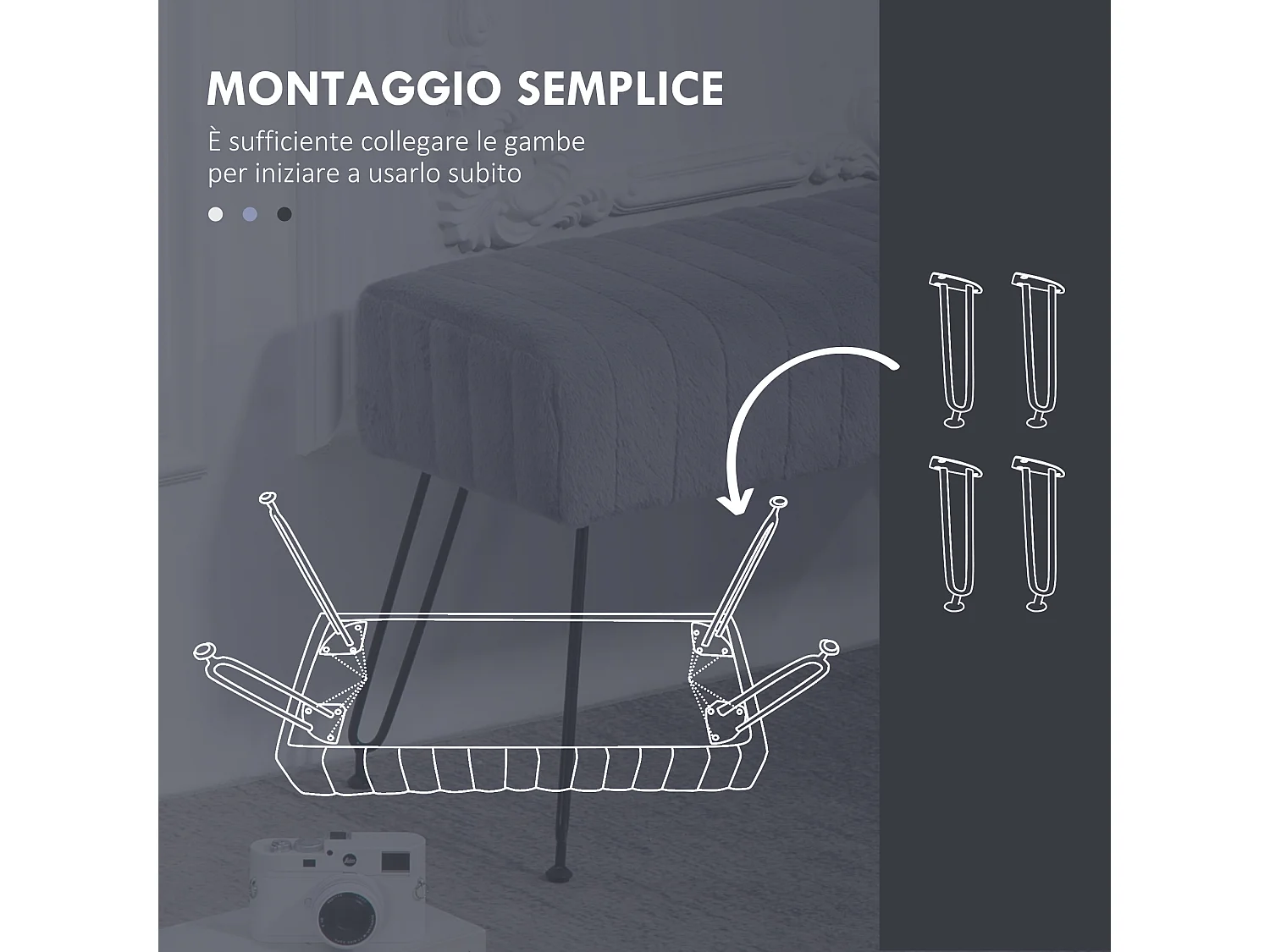 Panca fondo letto imbottita in peluche legno e metallo grigia nera