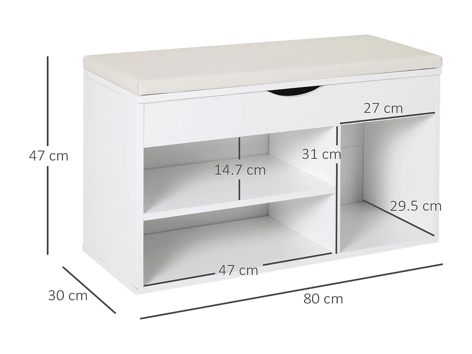 Scarpiera con panca imbottita ribaltabile in legno bianco