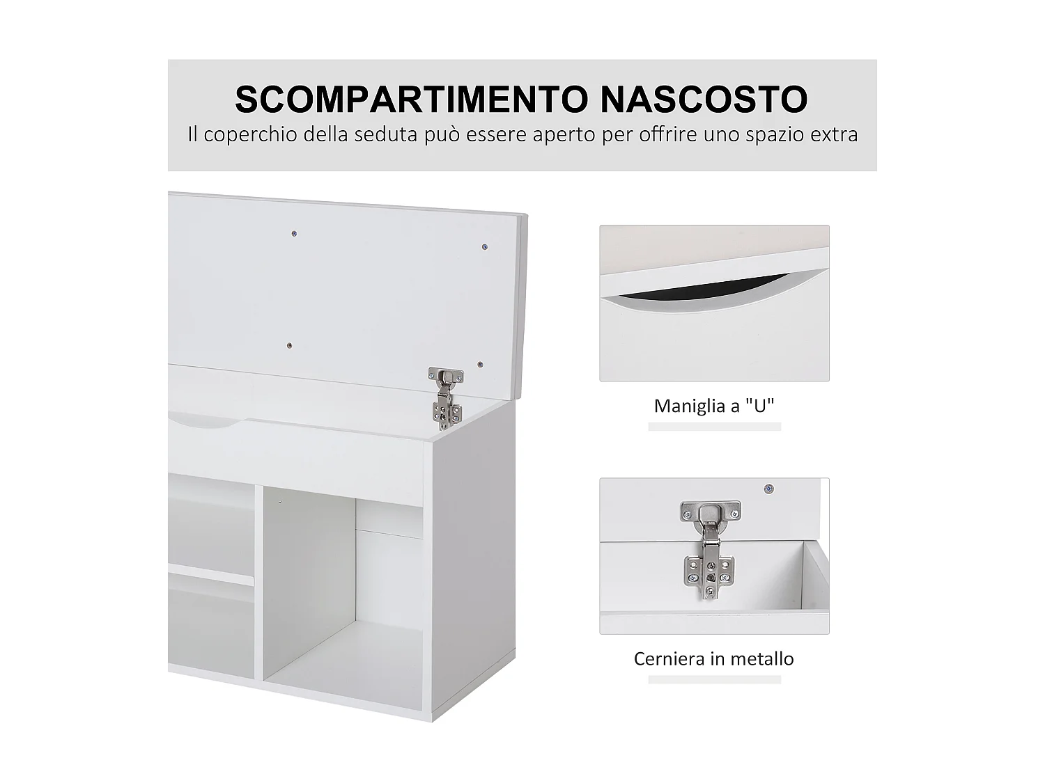 Scarpiera con panca imbottita ribaltabile in legno bianco