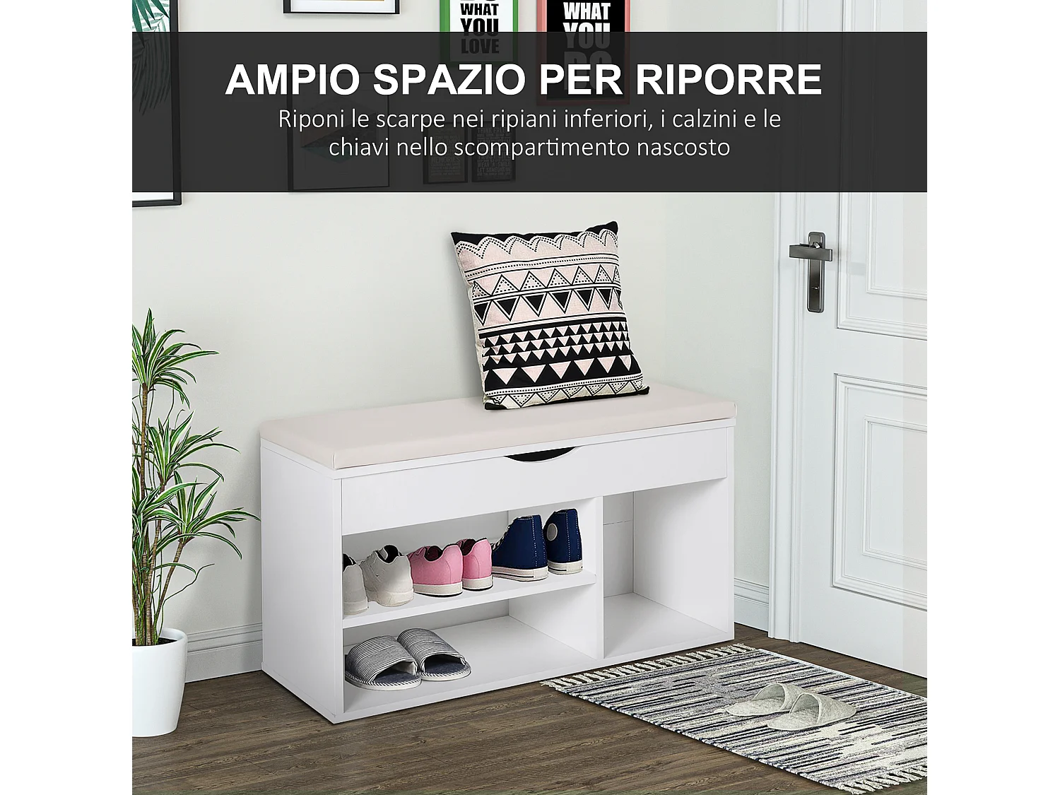 Scarpiera con panca imbottita ribaltabile in legno bianco