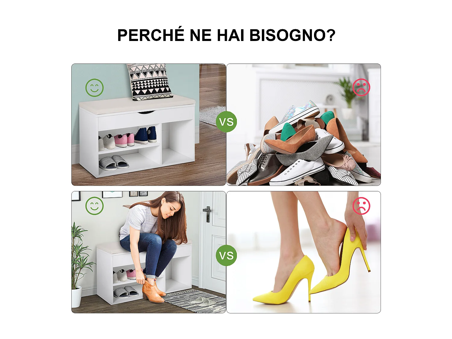 Scarpiera con panca imbottita ribaltabile in legno bianco