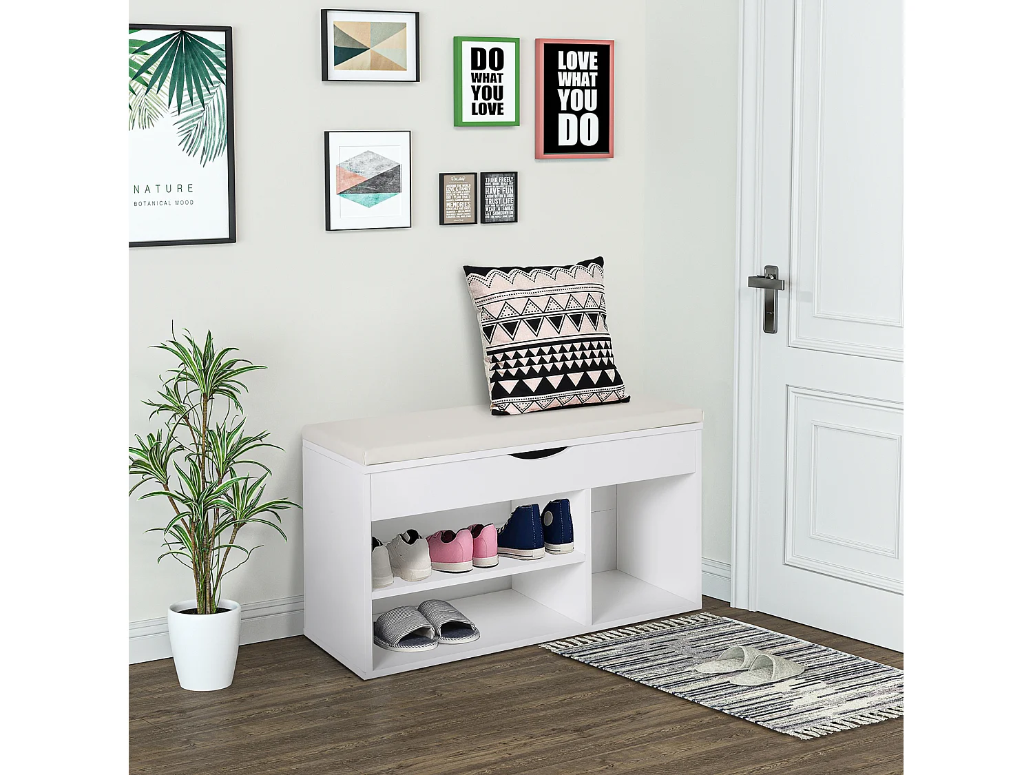 Scarpiera con panca imbottita ribaltabile in legno bianco