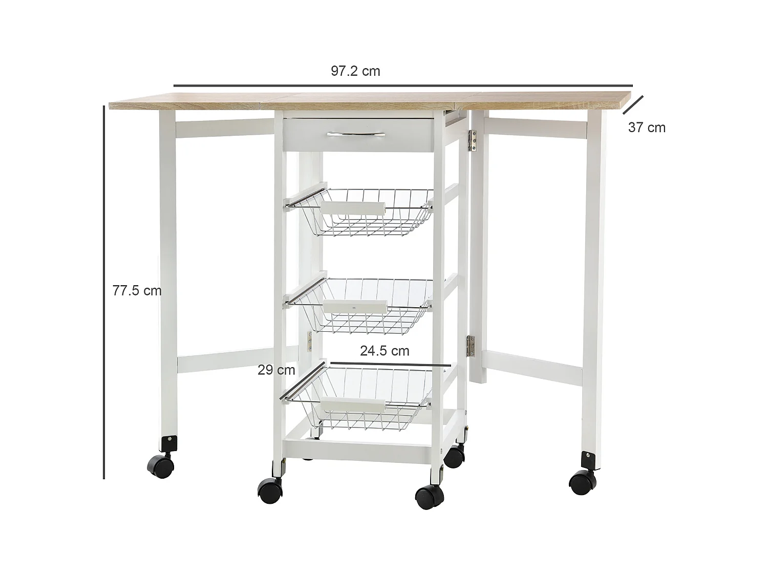 Carrello cucina con cassetto 3 cestini e ribalte 37x37x77.5cm