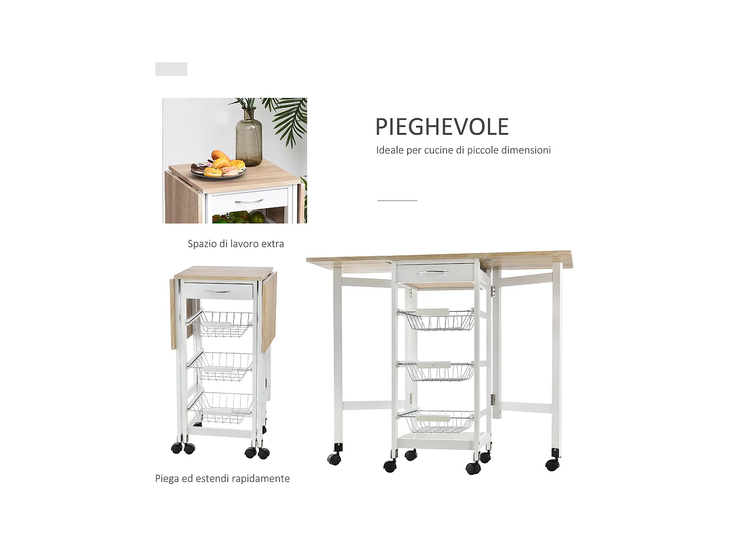 Carrello cucina con cassetto 3 cestini e ribalte 37x37x77.5cm