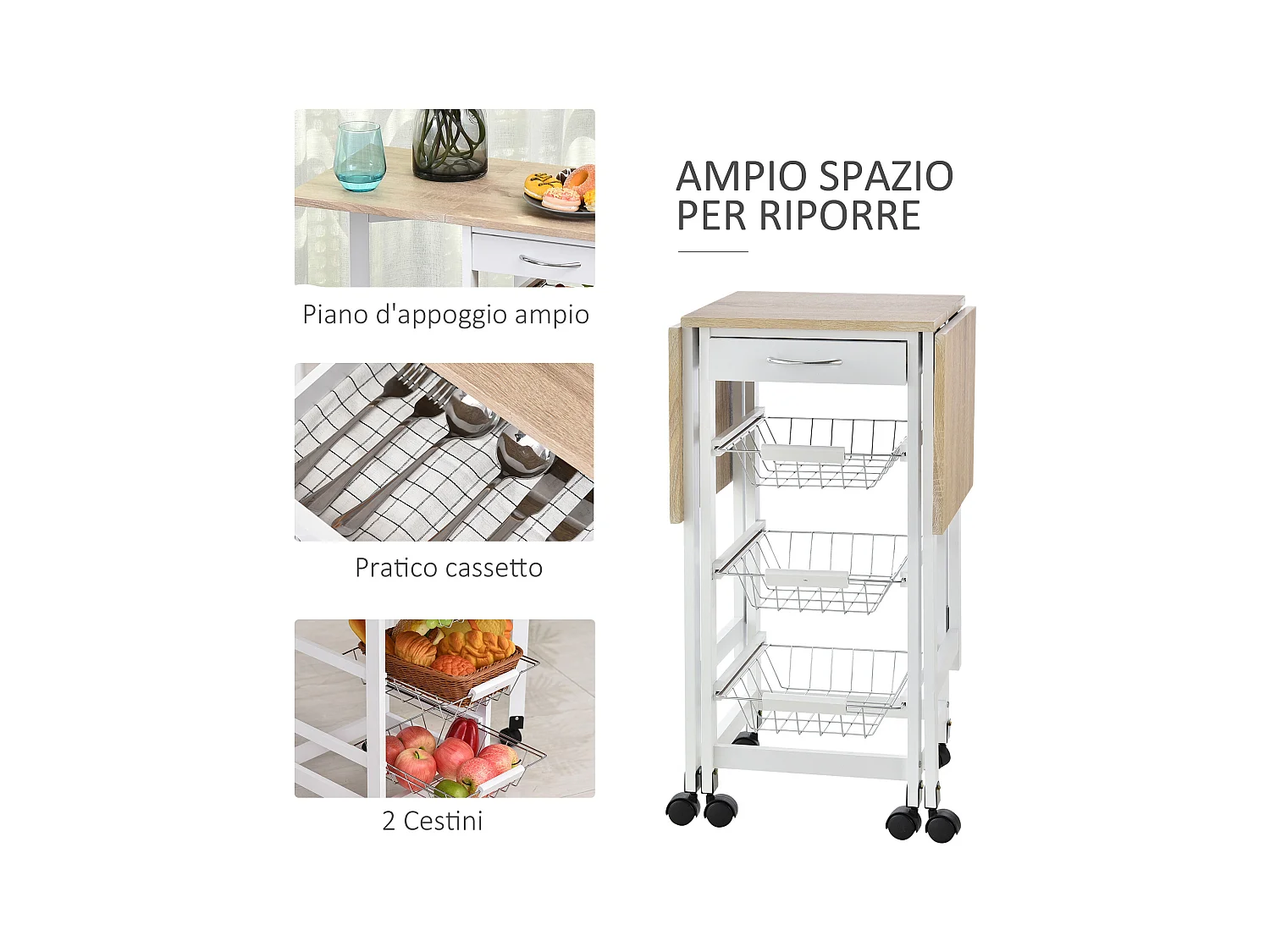 Carrello cucina con cassetto 3 cestini e ribalte 37x37x77.5cm