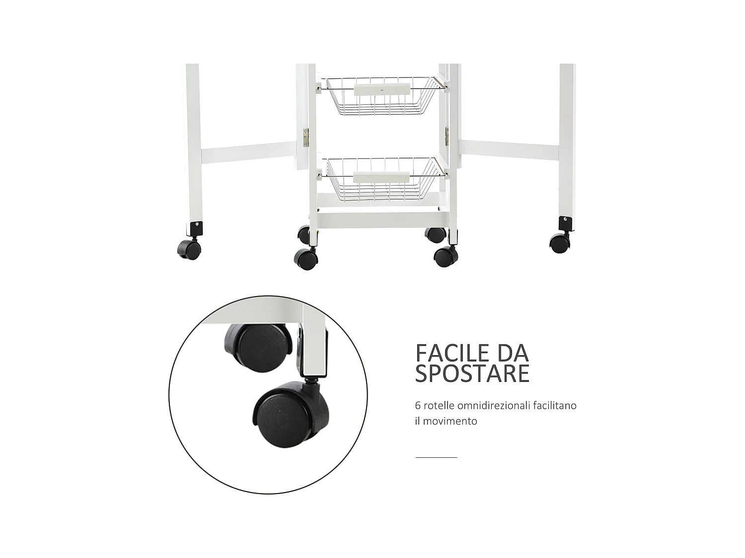 Carrello cucina con cassetto 3 cestini e ribalte 37x37x77.5cm