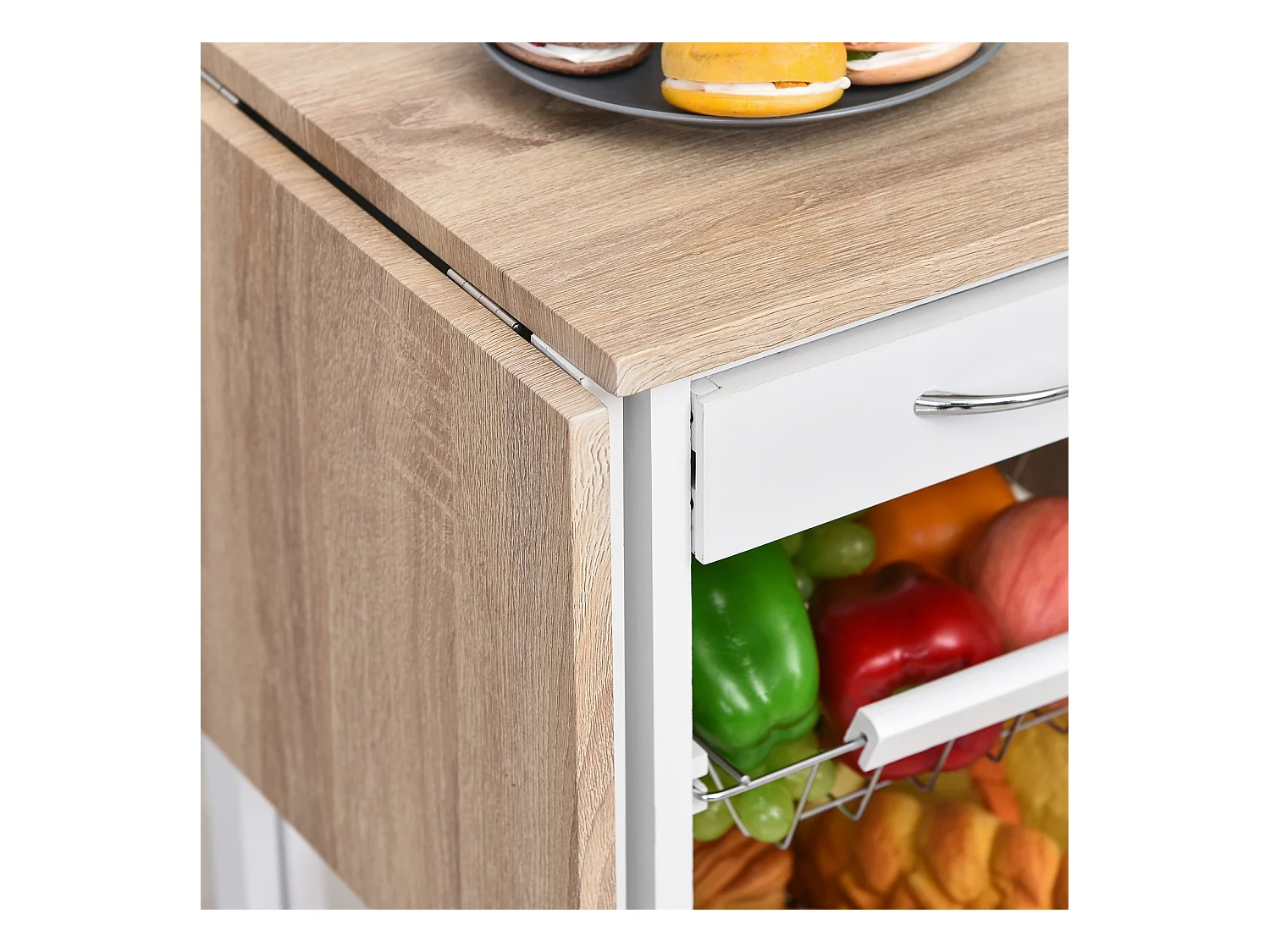 Carrello cucina con cassetto 3 cestini e ribalte 37x37x77.5cm