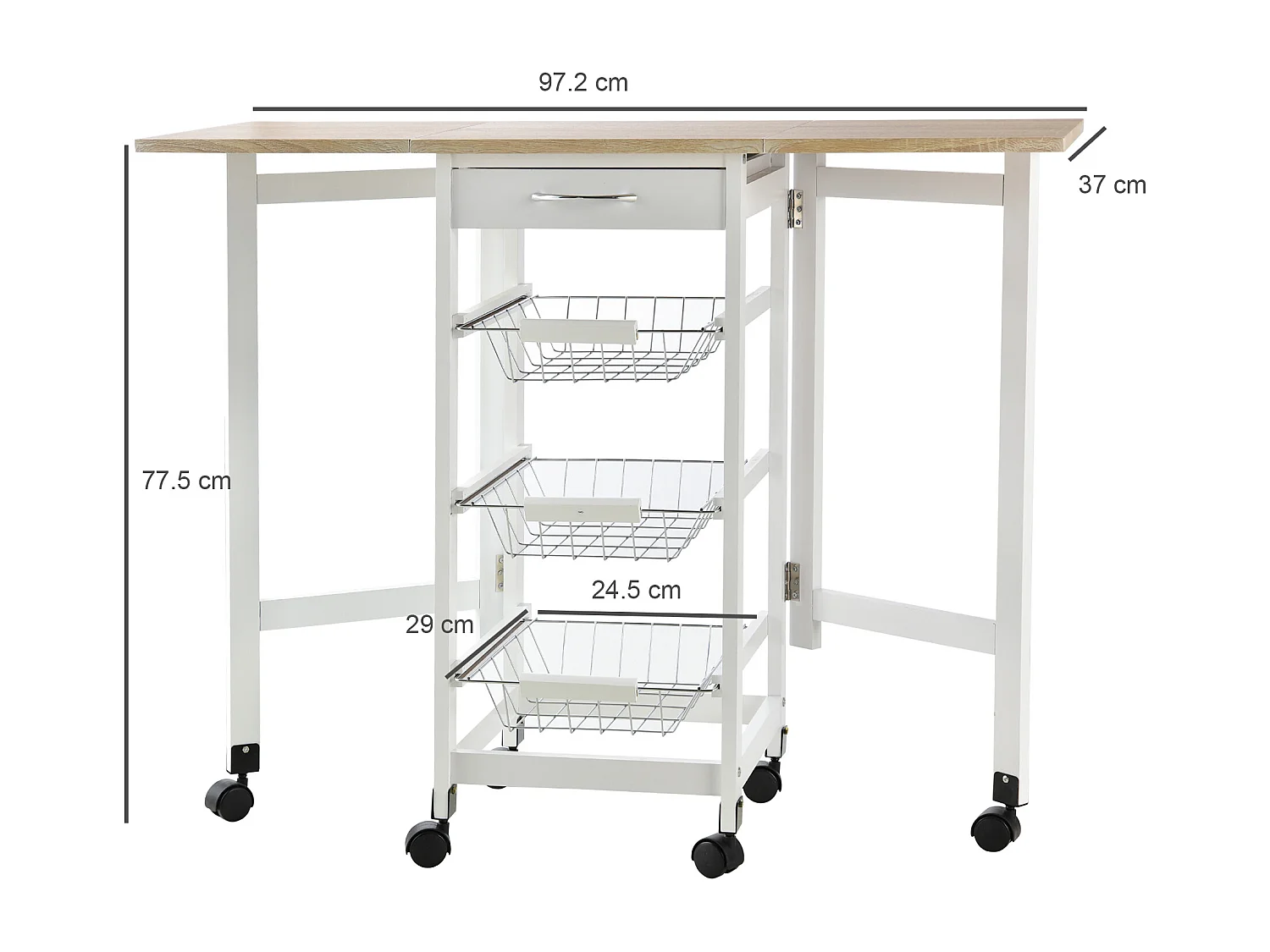 Carrello cucina con cassetto 3 cestini e ribalte 37x37x77.5cm