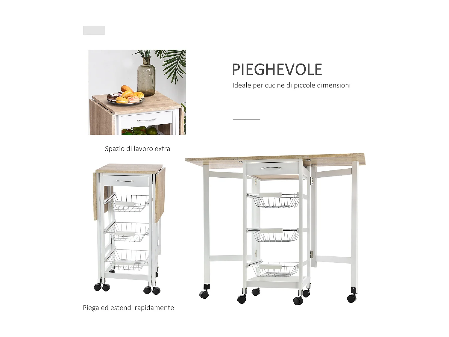 Carrello cucina con cassetto 3 cestini e ribalte 37x37x77.5cm