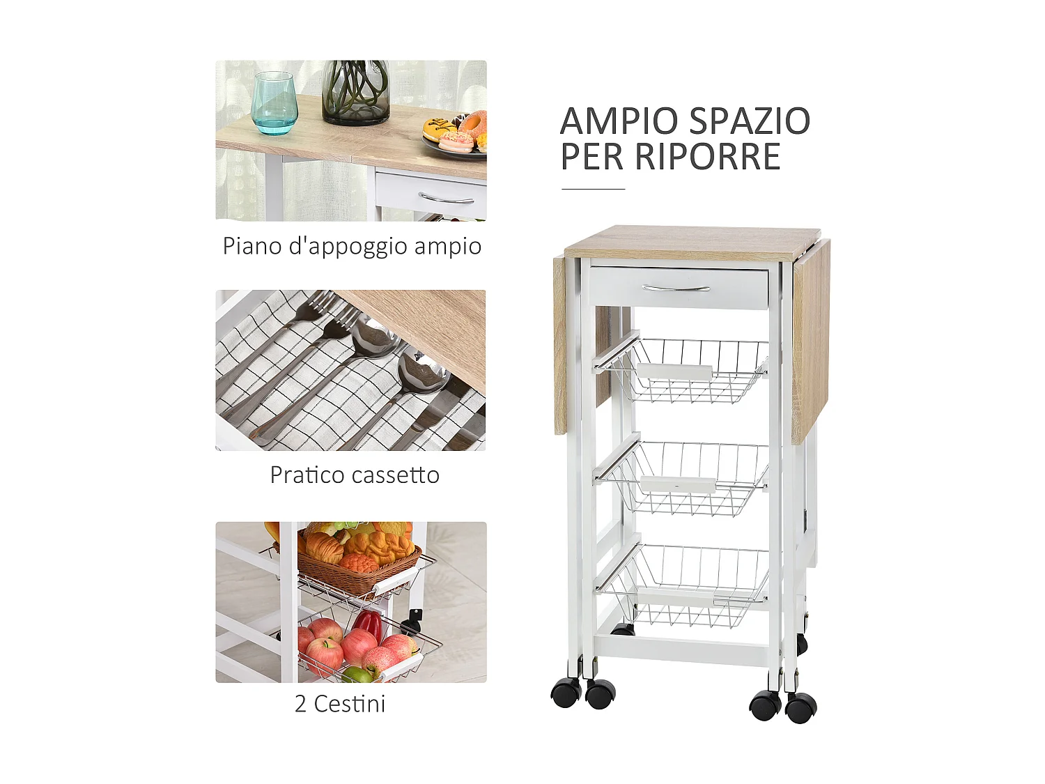 Carrello cucina con cassetto 3 cestini e ribalte 37x37x77.5cm