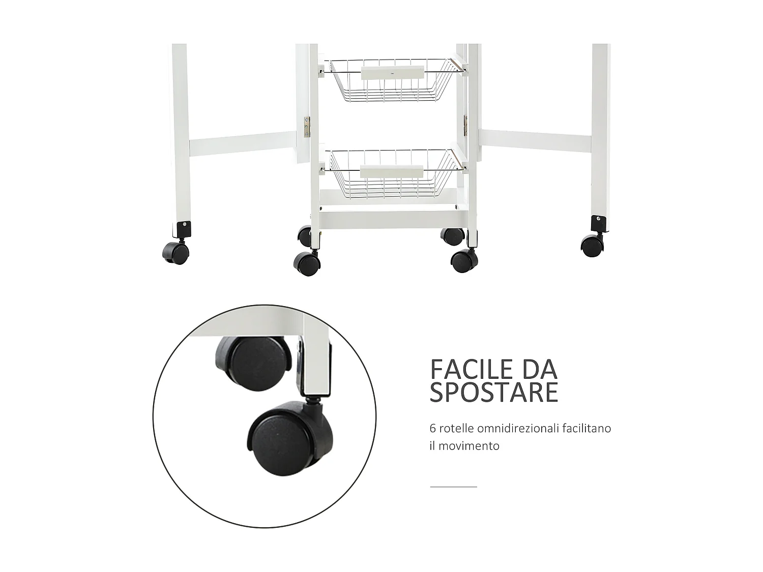 Carrello cucina con cassetto 3 cestini e ribalte 37x37x77.5cm