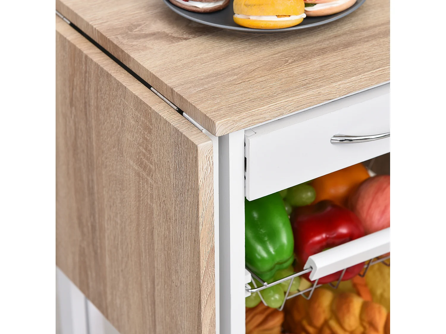 Carrello cucina con cassetto 3 cestini e ribalte 37x37x77.5cm