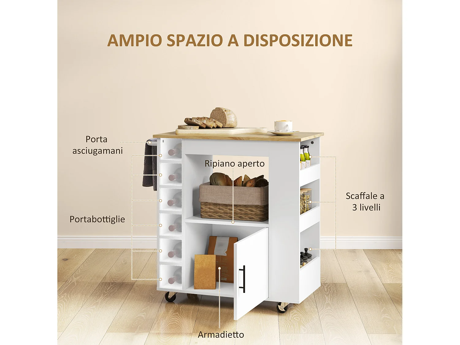 Carrello cucina con armadietto e portabottiglie 83x40x83cm rovere