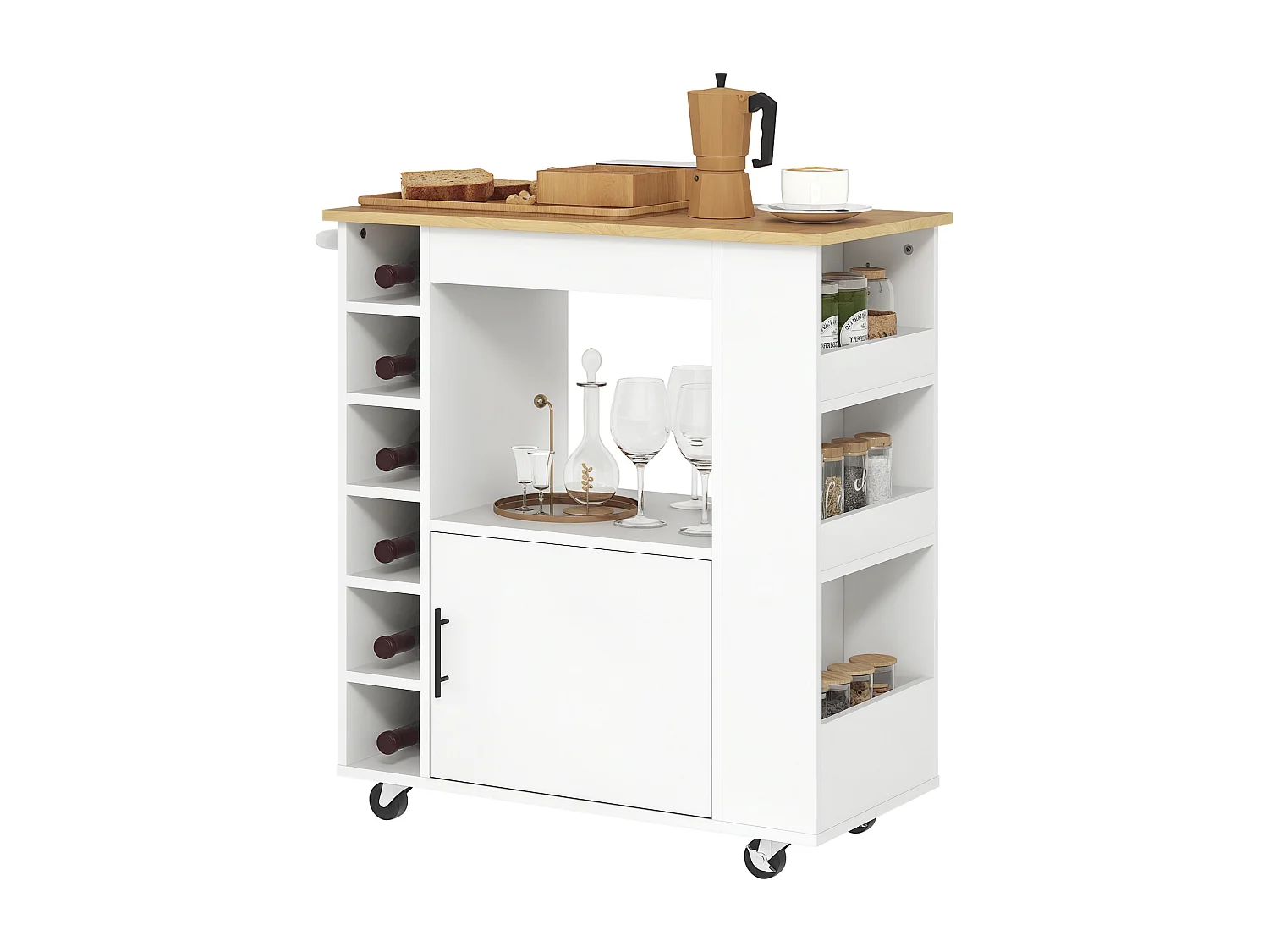 Carrello cucina con armadietto e portabottiglie 83x40x83cm rovere